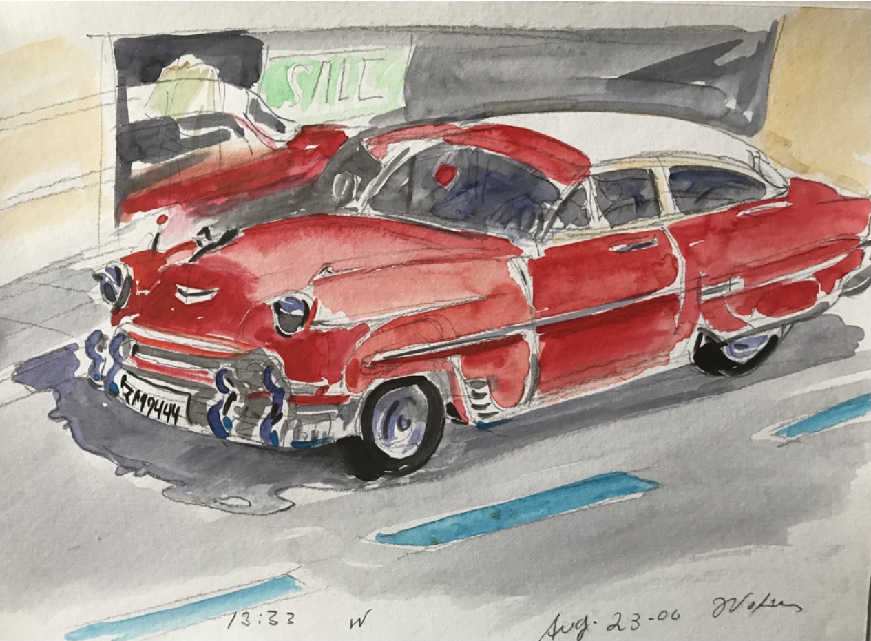  Vintage car parked in Athens Street, watercolor on paper. for sale $500 